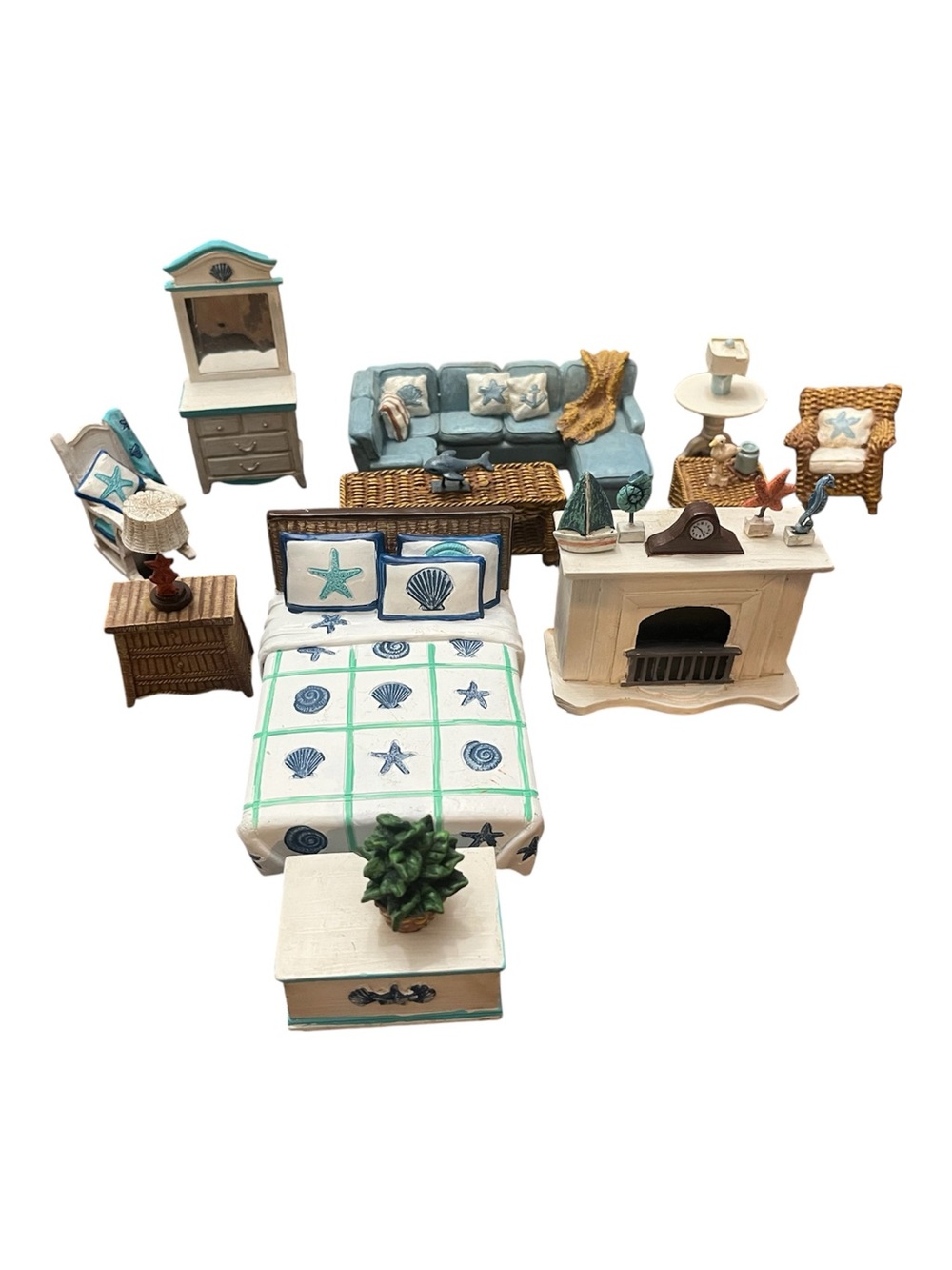 Coastal Miniature Dollhouse Furnityre Bedroom & Living Room Set of 11